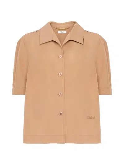 Chloé Logo-embroidered Gathered-sleeve Shirt In Brown