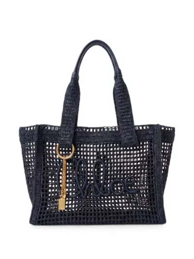 Chloé Logo-embroidered Open-knit Tote Bag In Blue