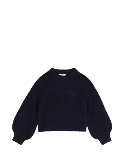 Chloé Kids' Logo-embroidered Ribbed-trim Wool Sweater In Blue