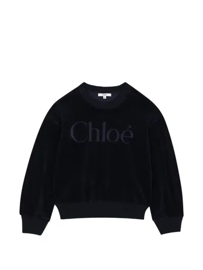 Chloé Kids' Logo-embroidered Velvet Sweater In Black