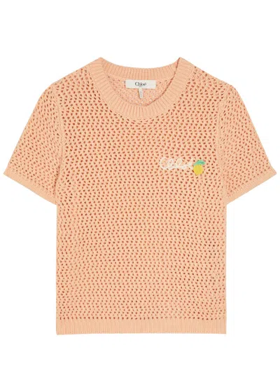 Chloé Chloe Logo-intarsia Open-knit Cotton T-shirt In Orange
