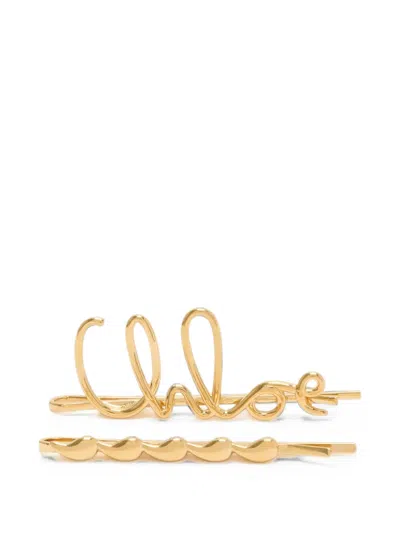 Chloé Logo-plaque Hair Clips Set (set Of Two) In Gold
