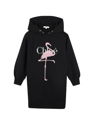 Chloé Kids' Logo-print Flamingo-motif Dress In Black