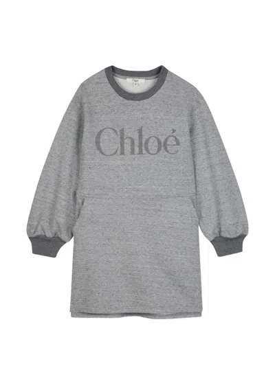 Chloé Kids' Logo-print Long-sleeve Dress In Gray