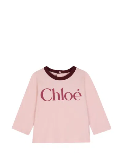 Chloé Babies' Logo-print Long-sleeve T-shirt In Pink