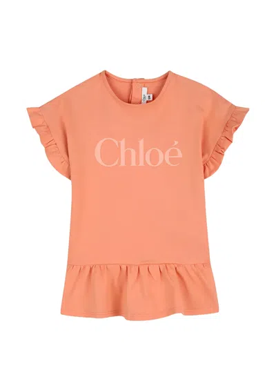 Chloé Kids' Logo-print Ruffled Dress In Orange