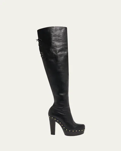 Chloé Lola Leather Over-the-knee Clog Boots In Black