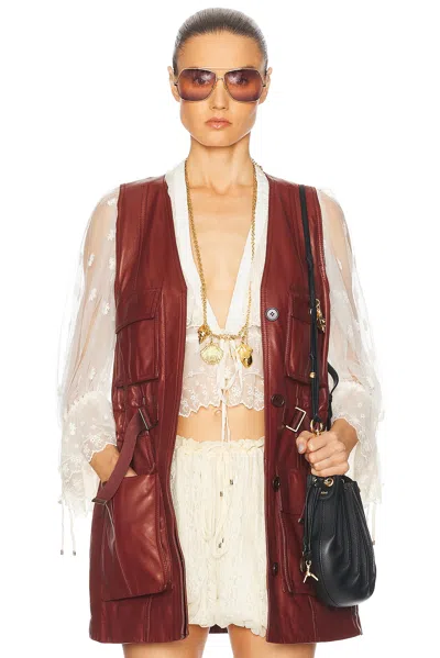 Chloé Oversized Plonge Leather Utility Vest In Faded Mahogany