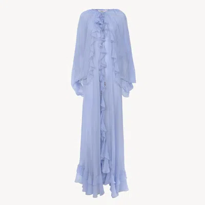 Chloé Robe Cape Longue Volantée En Mousseline De Soie Femme Bleu Taille 38 100% Soie In Blue