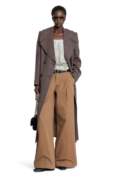 Chloé Long Double-breasted Coat In Check Wool In Brown