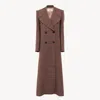 Chloé Long Double-breasted Coat In Check Wool In Brown
