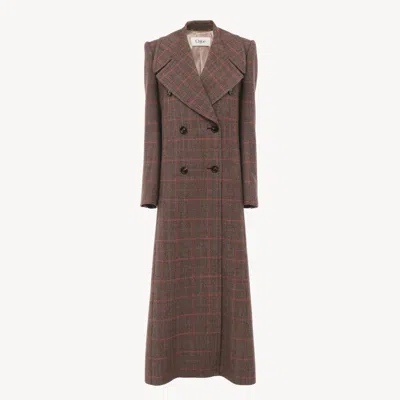 Chloé Manteau Long Croisé En Laine À Carreaux Femme Brun Taille 42 100% Laine Vierge, Horn Bubalus Bubalis