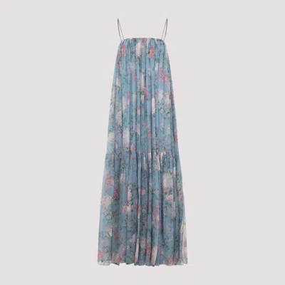 Chloé Chloe Women Long Dress Peonies Print On Organic Silk Mousseline In Blue