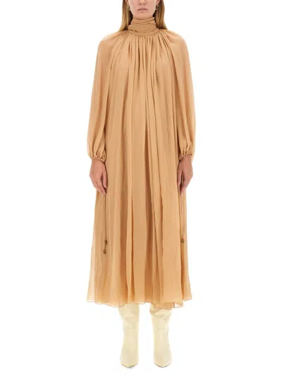 Chloé High-neck Tie Long-sleeve Silk Gown In Beige