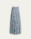 Chloé Chloe Women Long Dress Peonies Print On Organic Silk Mousseline In Grizzled Blue