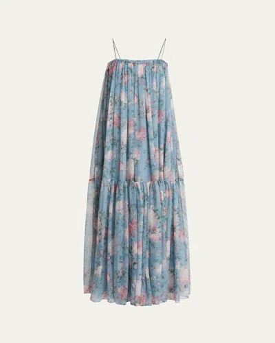 CHLOÉ LONG FLORAL PRINT TIERED SILK DRESS