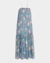 Chloé Chloe Women Long Dress Peonies Print On Organic Silk Mousseline In Grizzled Blue