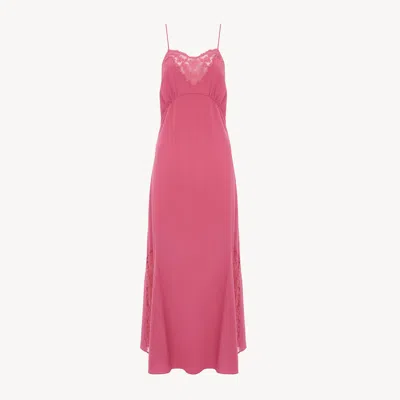 Chloé Long Lingerie Dress In Crêpe De Chine & Lace In Pink