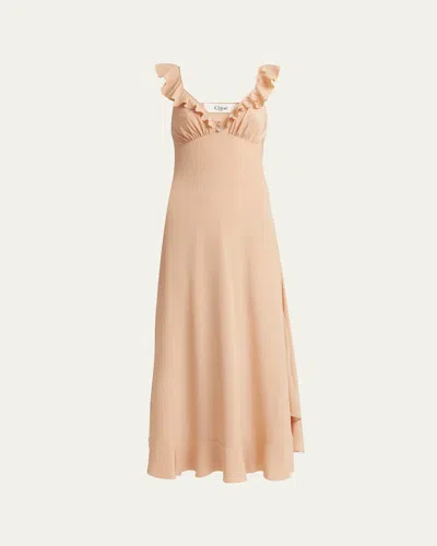 CHLOÉ LONG RUFFLE CREPE DE CHINE DRESS