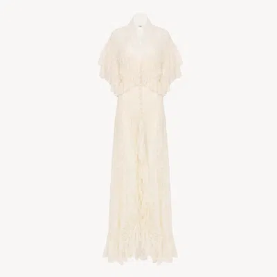 Chloé Long Ruffled Dress In Lace In Neutral