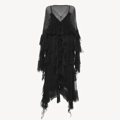 Chloé Long Ruffled Dress In Silk Mousseline In Black