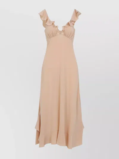 Chloé Long Silk Dress With Flared Skirt And Ruffled Straps In Beige