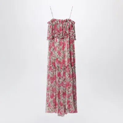 CHLOÉ CHLOÉ LONG SILK MUSLIN DRESS WITH ROSE PRINT, WHITE/PINK