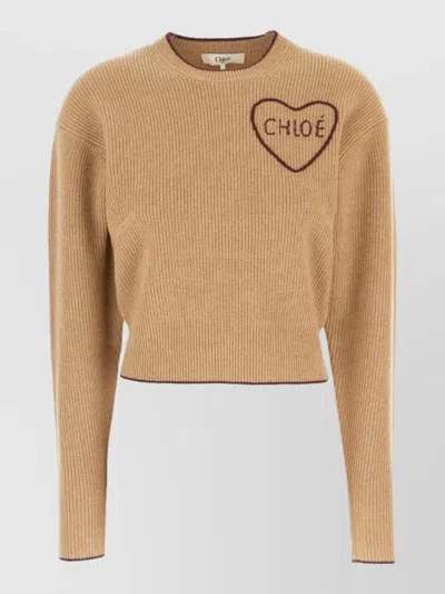 Chloé Long Sleeve Cropped Ribbed Top Heart Motif In Neutral
