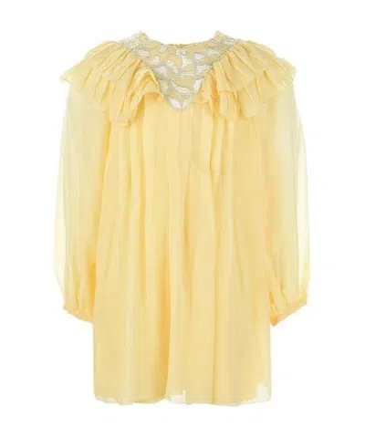 Chloé Long-sleeve Flared Silk Dress In Nude