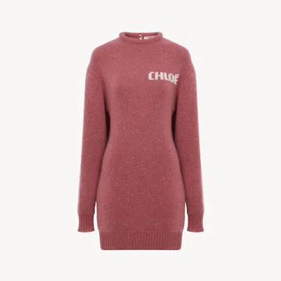 Chloé Long-sleeve Logo Mini Dress In A Merino Wool Knit In Burgundy