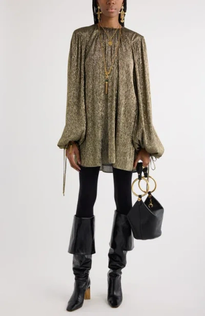 Chloé Long Sleeve Metallic Crêpon Lamé Minidress In Black Gold