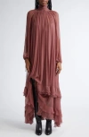 CHLOÉ CHLOÉ LONG SLEEVE TIERED RUFFLE SILK MOUSSELINE MAXI DRESS