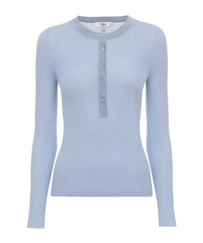 Chloé Knitted Henley Shirt In Blue