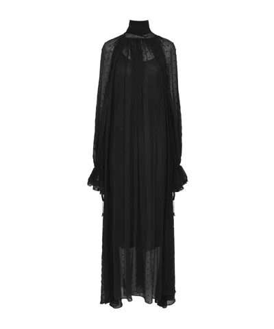 Chloé Turtleneck Long-sleeve Swiss Dot Silk Maxi Dress In Black