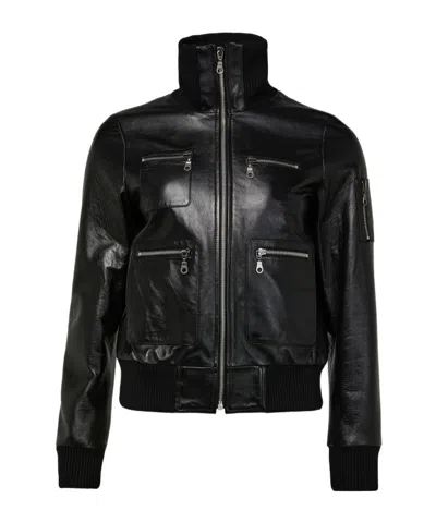Chloé Leather Bomber Jacket With High Collar In Black