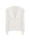 Chloé Blouse Col Oversize En Soie Jacquard Et Dentelle In White