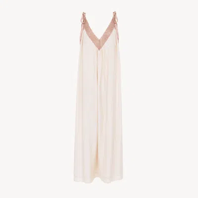 Chloé Long Slip Dress In Silk Habotai & Lace Pink Size 4 100% Silk