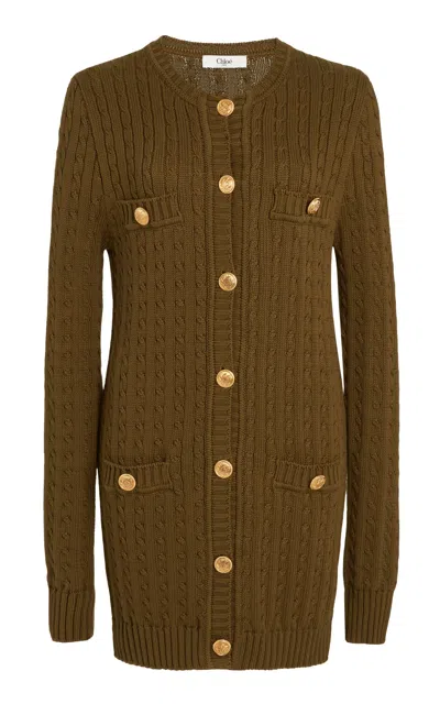 Chloé Longline Cable-knit Cotton Cardigan In Olive Tree