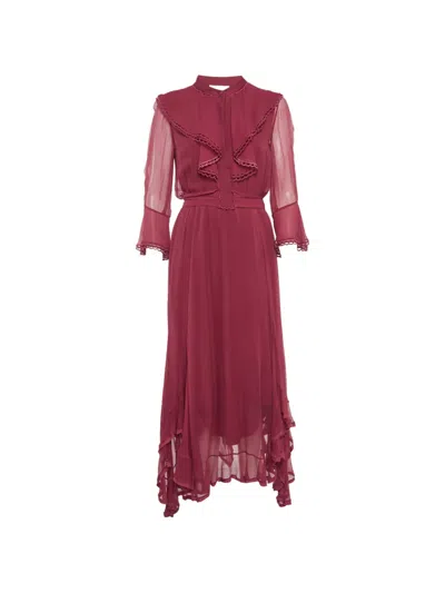 Pre-owned Chloé Long-sleeve Ruffled Silk Asymmetrical Dress In Red