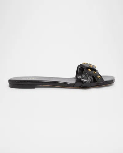 Chloé Mae Leather Buckle Flat Slide Sandals In Black