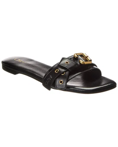 Chloé Mae Leather Buckle Flat Slide Sandals In Black