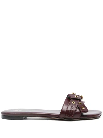 Chloé Mae Embellished Leather Sandals In Burgundy