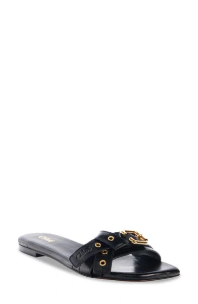 Chloé Mae Buckle-embellished Glossed-leather Slides In Black