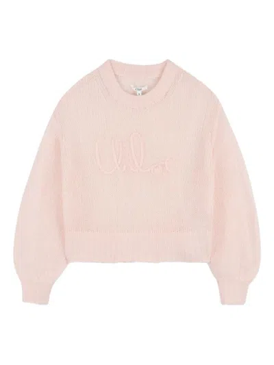 Chloé Kids' Wool Sweater With Embroidered Logo In Pink