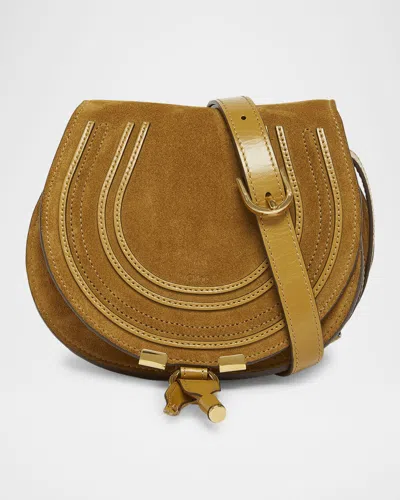 Chloé Marcie Flap Saddle Crossbody Bag In Suede In Gold