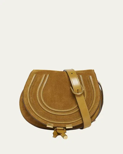 Chloé Marcie Flap Saddle Crossbody Bag In Suede In Gold
