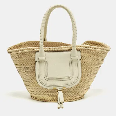Pre-owned Chloé Marcie Large Off White/natural Raffia And Leather Basket Bag