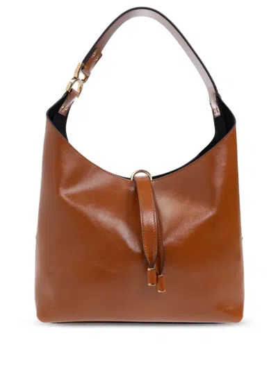 Chloé Marcie Embellished Glossed Textured-leather Shoulder Bag In Brown