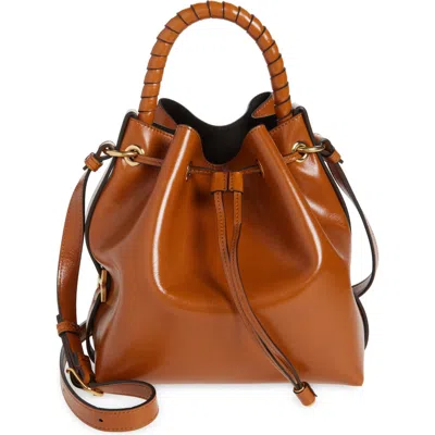 Chloé Marcie Drawstring Bucket Bag In Shiny Calfskin In 26m Clay Brown