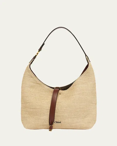 Chloé Marcie Shoulder Bag In Raffia Fabric And Leather In Hot Sand